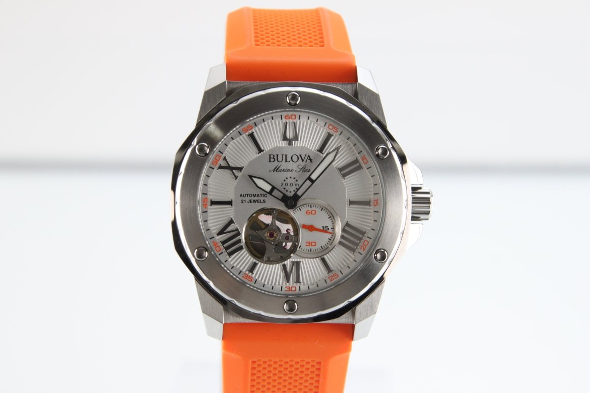 Used Bulova Marine Star Automatic 98A226 Open Heart Silver Dial Orange Strap - RYBrandshop