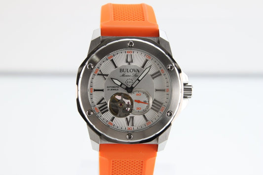 Used Bulova Marine Star Automatic 98A226 Open Heart Silver Dial Orange Strap - RYBrandshop