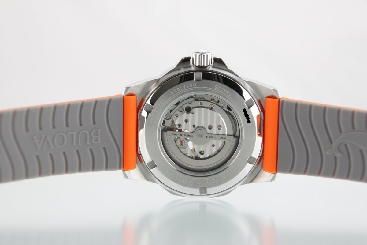 Used Bulova Marine Star Automatic 98A226 Open Heart Silver Dial Orange Strap - RYBrandshop