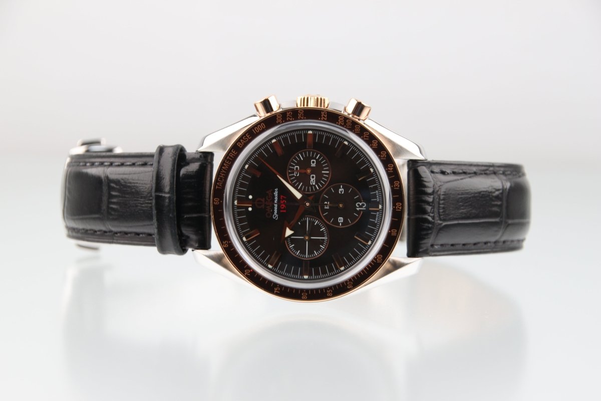 Used OMEGA Speedmaster Broad Arrow 1957 Rose Gold Bezel 321.93.42.50.13.001 Serviced - RYBrandshop