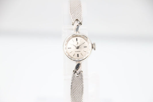 Used Omega Geneve Vintage 14K Solid White Gold Silver Dial Manual Ladies Watch - RYBrandshop