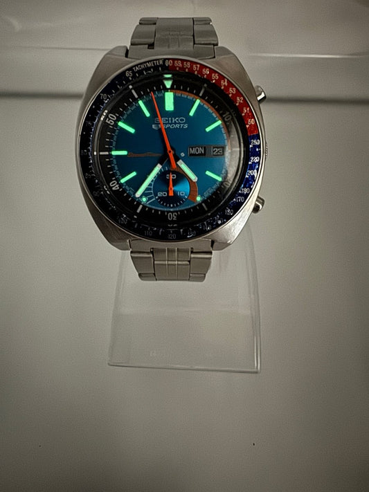 Used 1977 SEIKO 5 Sports Speedtimer 6139 - 6002 Pogue Sunrise Teal Blue Dial JDM W/Box - RYBrandshop
